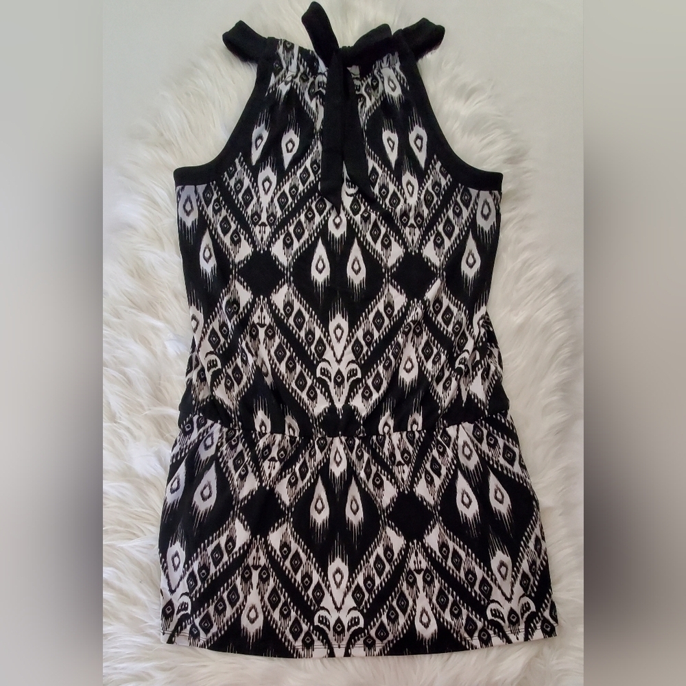 White House Black Market Ikat Halter Tunic Drop Waist Top  Black & White Size M - Picture 4 of 7